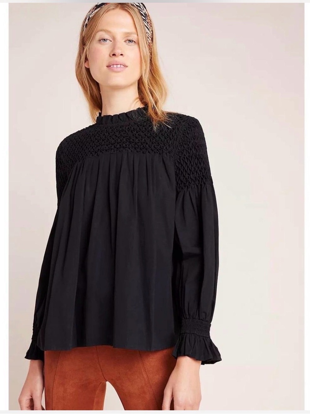 Anthropologie Black Smocked Yoke Long-Sleeve Blouse